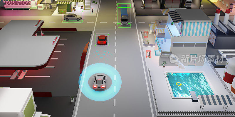 Auto Pilot自动驾驶汽车自动驾驶汽车无人驾驶汽车无人驾驶物体检测传感器数字速度计UGV高级驾驶员辅助系统3d插图